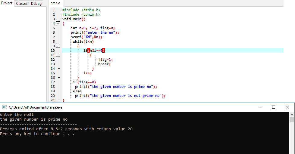 prime number c program using array